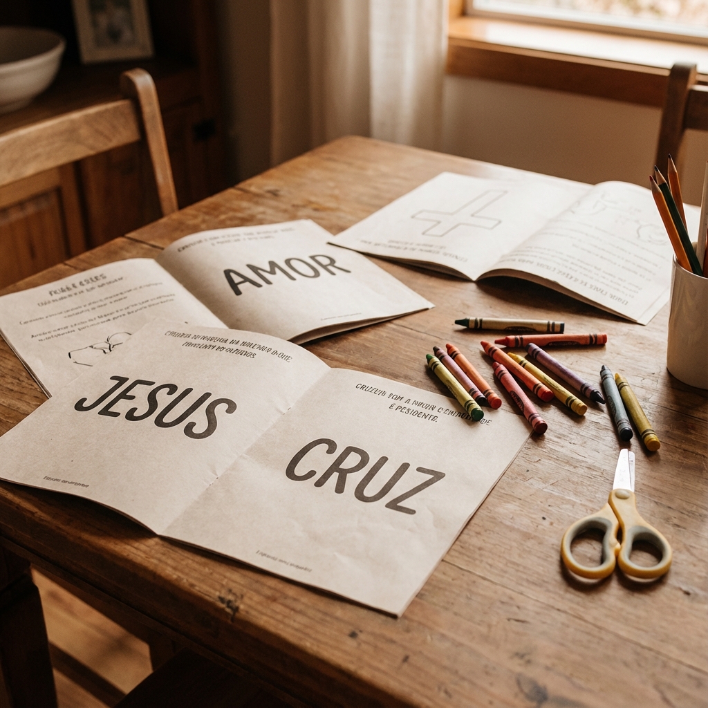 Material Colorindo com Deus — papéis com Jesus, Amor e Cruz